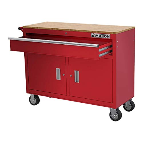 Yukon 46inch Mobile Workbench With Solid Wood Top , Red - Thumbnail 2