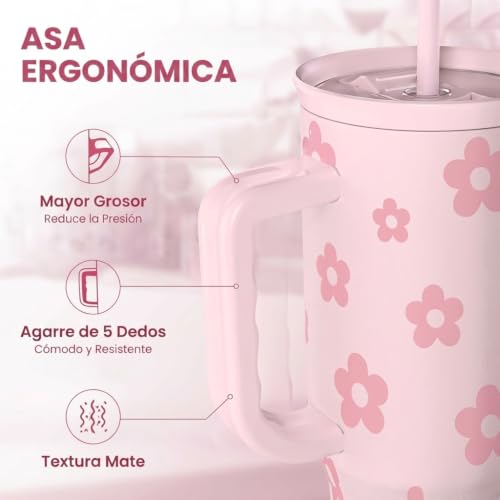 Image of Floral Tumbler with Handle and Straw 40oz Stainless Sleel Slider Tumbler Travel Coffee Mug for Women - Gift Idea for Birthday Christmas