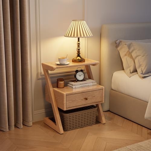 Image of Z-Shaped Solid Wood Nightstand with Drawer,Z Wooden Night Stand with Open Storage,Bed Side Table with Drawer for Bedroom, Modern Mid Century end Table Easy Assembly