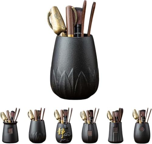 Marysea中国茶道具セット 中国茶器六君子 5点セット 茶匙 茶挟 茶筒 カップフォーク 茶ブラシ 黒グルミ お点前セット 茶ツール 茶道アクセサリー 家庭用 ティー用品 おしゃれ プレゼント 贈り物 (【黒陶器】蓮の花びら+仏手 5点セット) [並行