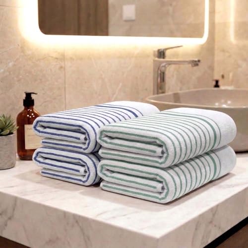 Image of Athom Living Premium Hand Towels- Cotton, 400 GSM, Ultra Soft, Quick Dry, Highly Absorbent | for Hand, Kitchen and Gym | 60 * 40 cm, Pack of 4 (White with Blue & Sea Green Stripes)