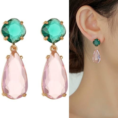 PTGMH Crystal Drop Earrings, Faceted Gemstone Studs, Elegant Jewelry for Women, Multiple Color Styles,Teardrop Earrings Blue and Green Dangle Earrings Elegant Earrings for Prom (green+pink) by PTGMH - Used condition - Image 2