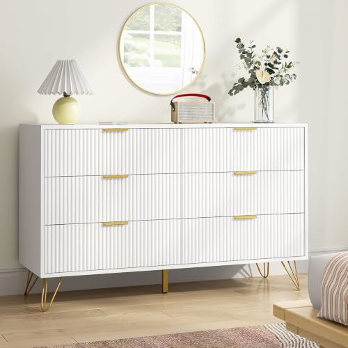 BAZELOR White 6 Drawer Dresser with Golden Handle Fluted Wood Dressers Modern Chest for Bedroom Living Room Hallway Entryway