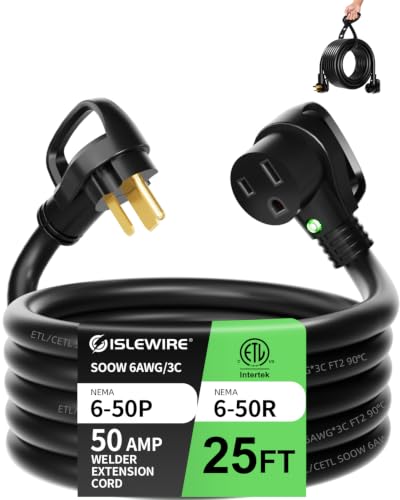 Image of 6 AWG 250V SOOW Welder Extension Cord, 25ft Outdoor NEMA 6-50 Welder Cord with Light and Handle, 50 Amp 3 Prong Welding Extension Cord for Welding Machines and EV Charger, 12500W, ETL Listed