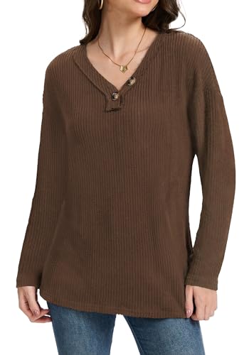 Balivsa Long Sleeve Shirts for Women Business Casual Button Down Sweaters Fashion Clothing Ladies Tops and Blouses Brown Medium