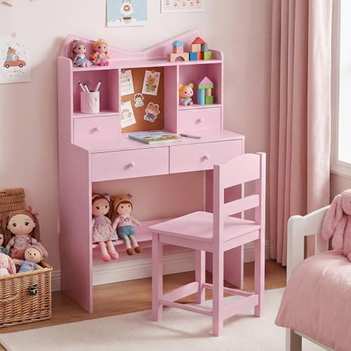 HONEY JOY Kids Study Desk with Chair, Children Writing Table and Chair Set with Open Storage Shelves, Drawers & Cork Bulletin Board, Student Computer Workstation for Study Room, Bedroom, Pink