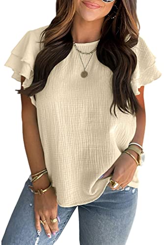 Melliflo Ruffle Short Sleeve Blouses Dressy Casual Summer Crewneck Textured Shirts Tops