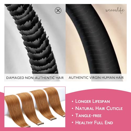 Image of WENNALIFE Tape in Hair Extensions Human Hair Auburn Ginger Tape in Extensions, 10pcs 25g 14 inch Remy Invisible Tape Ins Straight Colored Soft Real Human Hair Tape in Extensions Refill Set Extensions