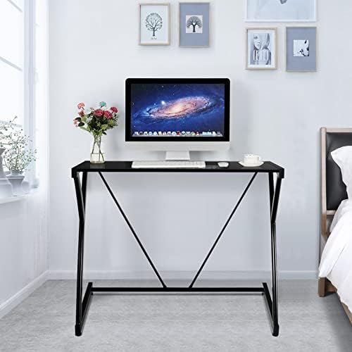 Multigot Computer Desk, Tempered Glass Z-shaped Laptop Table with Metal Frame and Adjustable Feet, Modern Writing PC Workstation for Home Office