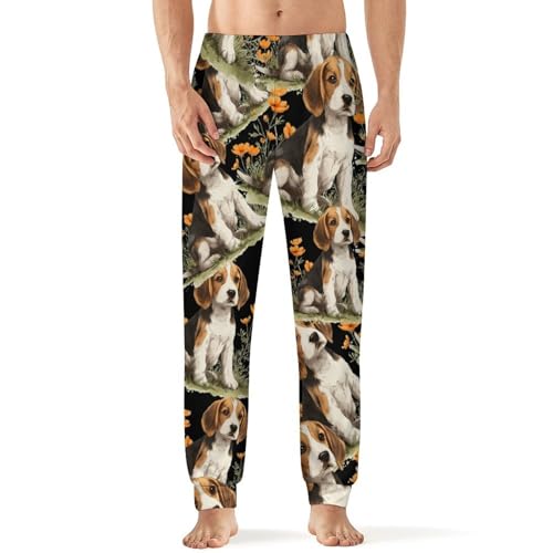 Beagle Puppy Dog Orange Flower Men's Pajama Bottoms Sleep Lounge Soft Comfy Pants Sleepwear