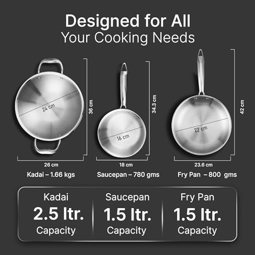 Image of AGARO Regency Triply Cookware Set of 3, 24 cm Kadai (2.7L), 24 cm Fry Pan (2.2L) & 16 cm Saucepan (1.5L), Induction & Gas Compatible, Even Heating, Non-Toxic, Dishwasher Safe cookware for Kitchen