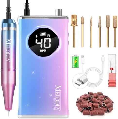 Electric Nail Drill File Professional 40000 RPM, Melodly Rechargeable Electric Nail File Machine Kit for Acrylic Gel Nails Polishing Removing, Portable Cordless Efile with Gold Bits Kit at Salon Home