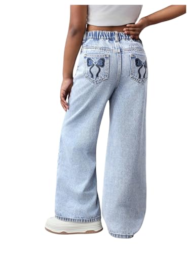 GORGLITTER Girl's Bow Print Cute Jeans Y2k Wide Leg Zipper Fly Denim Pants with Pockets