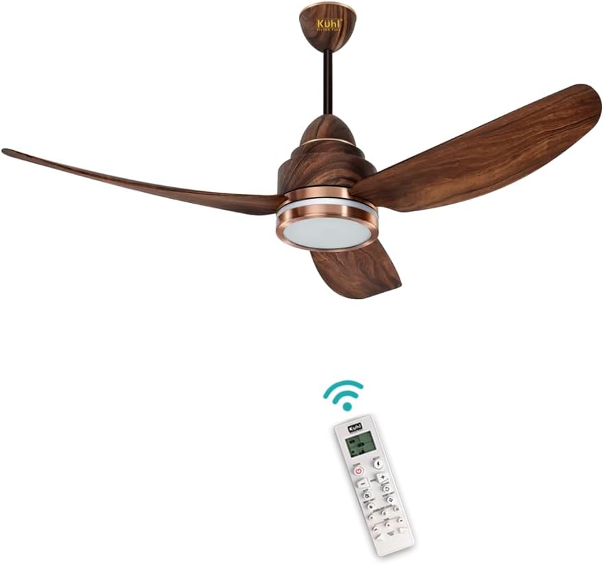 KUHL Luxus C3 1320 mm Stylish 65% Power Saving BLDC Ceiling Fan with Remote | Night & Down Light | 29W | 5 Star | Low Noise | IoT –Operate via Mobile & Alexa | Reverse Mode | Free Installation | Teak