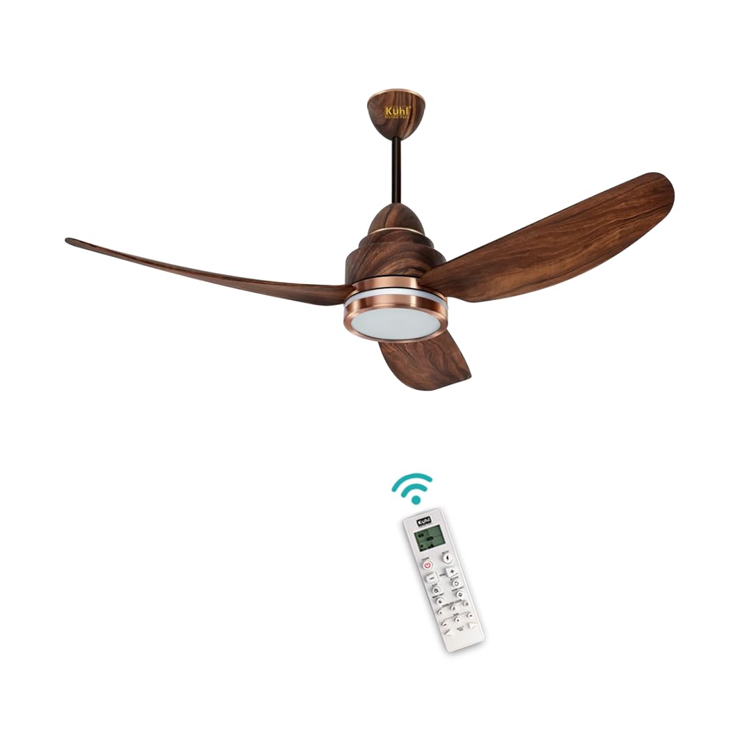 KUHL Luxus C3 1320 mm Stylish 65% Power Saving BLDC Ceiling Fan with Remote | Night & Down Light | 29W | 5 Star | Low Noise | IoT –Operate via Mobile & Alexa | Reverse Mode | Free Installation | Teak