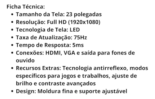 Monitor Gamer 23 Polegadas, 75Hz, VX, LED Full HD, Base Ajustável