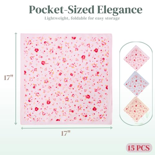 15 Pack 17" Cotton Handkerchiefs for Women, Women's Soft Hankies with Floral Print, Ladies Vintage Pocket Handkerchief, Multicolored Square Head Scarf for Wedding, Tea Party Favors, Gifts2