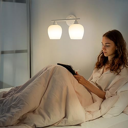 Image of ONEWISH Bathroom Light Fixtures - Modern Wall Sconces 2 Light, Wall Lamp for Vanity Light Over Mirror, Opal Glass Globe Lamp for Bedroom, Living Room, Hallway, Kitchen, Soft Lighting E26 Socket White