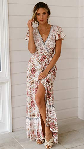 Image of PRETTYGARDEN Women Boho Summer Side Split Deep V Neck Short Sleeves Maxi Dress with Belt