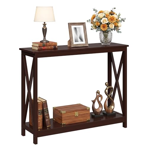 ZenStyle Sofa Side Console Table with 2 Storage Shelves Narrow Accent Table for Entryway-Hallway-Living Room, 39.3in L x 11.8in W x 31.6in H (Dark Brown, 39.3 inch)