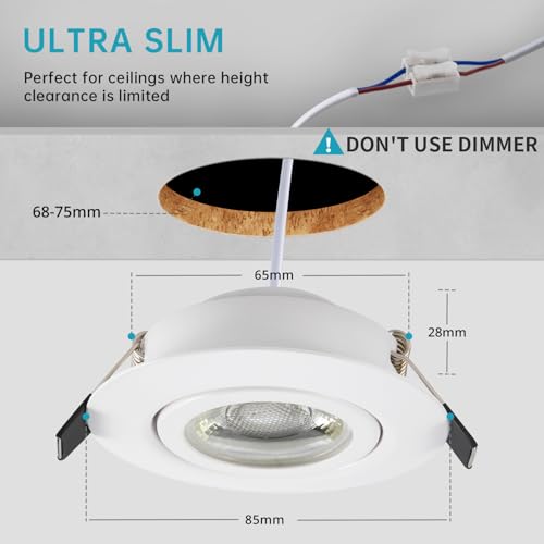 wowatt 5er Einbaustrahler LED 230v Weiß 3 Stufe Dimmbar 7W LED Spots Kaltweiß 6000K Ersetzt 70W Halogen Einbauleuchte Ultra Flach Hell 700lm Badeinbaustrahler IP44 Einbauspot Schwenkbar Rund