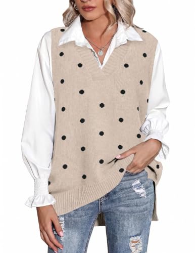 Zeagoo Oversized Sweaters for Women V Neck Knit Sleeveless Pullover Vest Tops, Polka Dots Apricot, Small