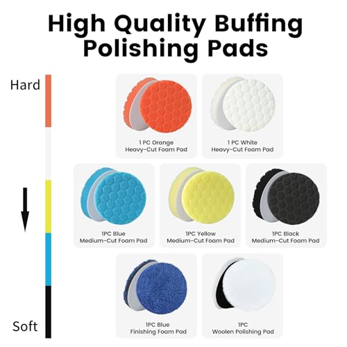 Image of Buffing Polishing Pads 5 Inch - 7Pcs Car Buffer Foam Pad Kit with Hook and Loop, Compound Cutting Sponge and Wool Pad for Polishing and Waxing