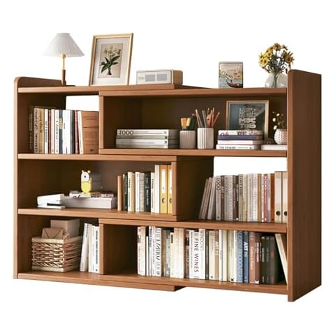 BxuxJar 4 Tier Wooden Horizontal Bookshelf, 24-44 Inch Expandable Wide Bookshelf Horizontal Wood Stain Dark Walnut Bookshelf, Freestanding Foldable Wide Short Bookcases for Small Spaces or Corner Cover