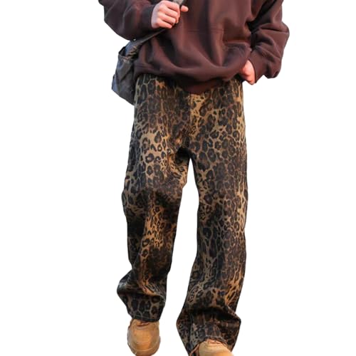 Mens Leopard Print Jeans Womens High Waist Denim Pants Y2K Baggy Casual Streetwear Trousers Unisex