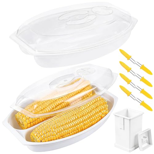 Aneco 2 Piece Microwave Corn Steamer with Lid for Frozen Corns Broccolini Vegetables Dishwasher Safe Corn on The Cob Cooker Holders Butter Dispenser, White