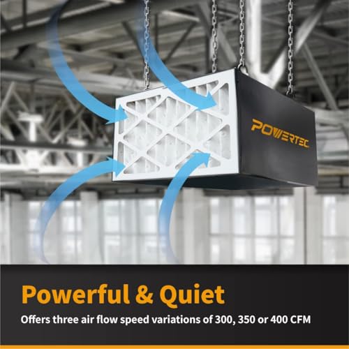 Image of POWERTEC AF4001E 3-Speed RF Remote Controlled Air Filtration System Woodworking (300 /350 /400 CFM), Hanging Air Filter for Dust Collector & Workshop, Air Purifier for Garage