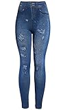 KMystic Women's Denim Print Fake Jeans Leggings (Blue w/Brown Thread) One Size