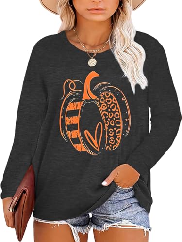 Chulianyouhuo Plus Size Halloween Pumpkin T Shirt Women Long Sleeve Fall Graphic Tees Thanksgiving Gift Tops Blouse