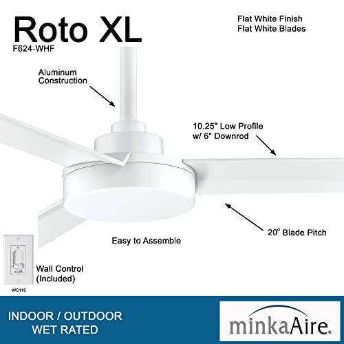 Minka Aire F624-Whf Roto Xl 62" 3-Blades Ceiling Fan In Flat White Finish With Flat White Blades #TOP1