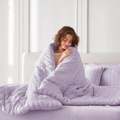 MUXHOMO 7 Pieces King Comforter Set, Seersucker Bed in a Bag King Size, All Season Luxury Bedding Set with Comforter, Flat Sheet, Fitted Sheet, Pillowcases & Shams, Lavender by MUXHOMO - Used condition - Image 8