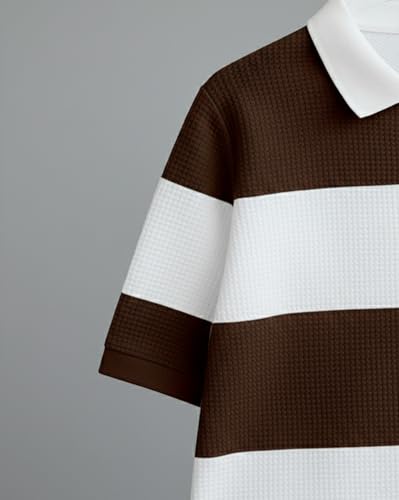 Image of AUSK Men's Cotton Rich Striped Polo Tshirt | Zip Collar Tshirts | Half Sleeves | Regular Fit T-Shirt for Mens Brown