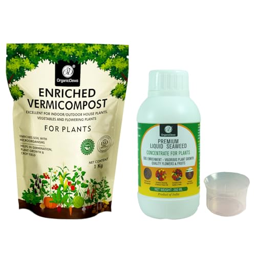 Image of OrganicDews Enriched Vermicompost 1 Kg + Liquid Seaweed Fertilizer 250ml Bio Stimulant - Plant Growth Enhancer, Soil Conditioner for Indoor & Outdoor