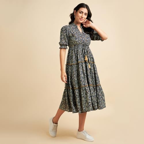 Image of Azira 100% Cotton Printed Fit & Flared Mandarin Collar Midi Dress | Casual Dress | Dress for Woman | Summer Dress