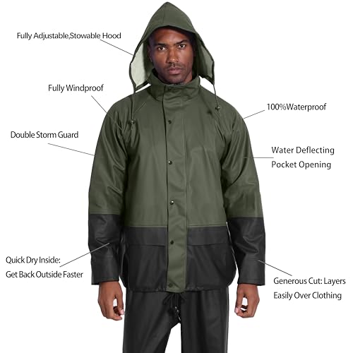 Image of Men's Workwear 3-Piece Waterproof PU Rain Suit Set | Hooded Jacket & Bib Pants, Sealed Seams, Storm Flap, Adjustable Suspenders, Flap Pockets, Outdoor Work, Fishing, Farming