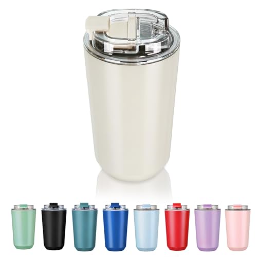 Puraville Insulated Tumblers with Lid, 14 oz Travel Coffee Mug Stainless Steel Vacuum Cup, Leak Proof Reusable Double Walled Coffee Tumbler for Iced and Hot Drinks, Cream