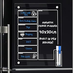 Magnetic Fridge Planner by Acrylic Hub. 15.7"x11.8"x1.1" Fridge Meal Planner Board with Built in Pen Holder. Clear Acrylic Magnetic Calendar for Fridge, Weekly Planner Magnetic with 2 Pens.