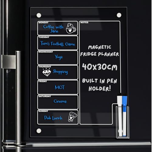 Magnetic Fridge Planner by Acrylic Hub. 15.7x11.8x1.1 Fridge Meal Planner Board with Built in Pen Holder. Clear Acrylic Magnetic Calendar for Fridge, Weekly Planner Magnetic with 2 Pens.