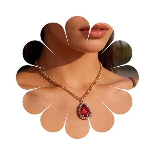 Cybche Vintage Created Ruby Necklace Red Crystal Pendent Necklace Ruby Teardrop Necklace Gold Curb Chain Choker Necklace Red Cz Necklace Jewelry for Women, Zinc