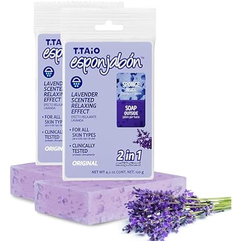 T.Taio Esponjabon Soap Sponge - Cleansing Shower Scrubber - Cleaning Bath Wash Scrub - Oil Removal - Massage & Lather Foot, Elbow, & Face - Bathroom Accessories - Fresh Lavender Scent Cover