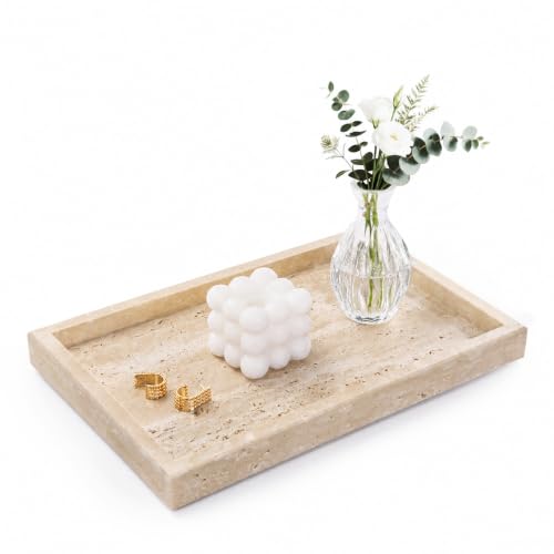Homaura Marble Bathroom Tray for Countertop & Home Decor Natural Decorative Marble Tray for Jewelry & Perfume Organizer Stone Vanity Trays for Dresser Kitchen Counter 12 x 8 Beige Travertine