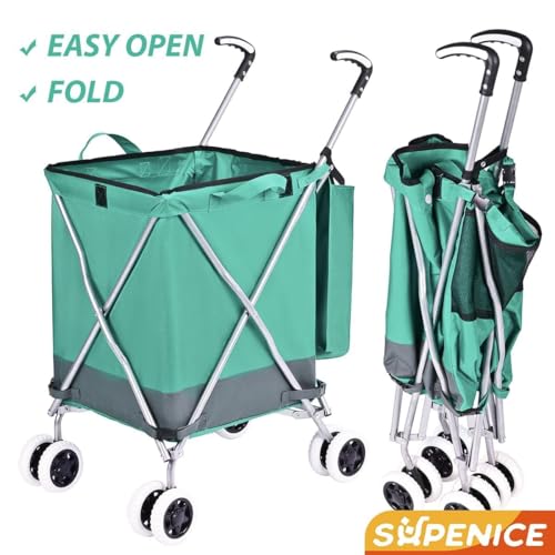 Image of Folding Grocery Shopping Cart Rolling Utility Cart with 360 Double Front Swivel Wheels Waterproof Removable Canvas Bag with Cover for Laundry Grocery, Shopping, Baggage, Picnic (Beige)
