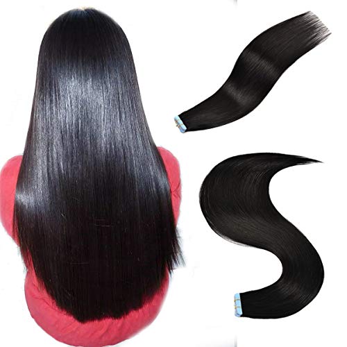 ABCBAOBAO 20 Inch Tape in Hair Extensions Human Hair 20pcs 50g Jet Black Color Silky Straight Remy Tape in Hair Extensions with 12 Pieces Replacement Tape Glue in Hair Extensions #1
