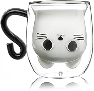 Qinhai Cat Mugs, Double Wall Glass Tea Cup, Cute Coffee Mug, Valentine's Mother's Day Easter Halloween Christmas Gifts for Women Wife Mum Her Grandma Girl Teacher Friend, Birthday Present Idea (Black)