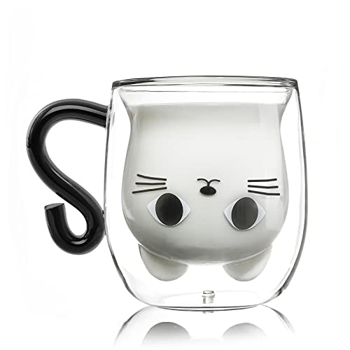 Qinhai Gato Tazas de Café de Cristal,Vasos de Doble Pared con Asa,Tazas de Té de Vidrio Borosilicato, Regalos para Cumpleaños