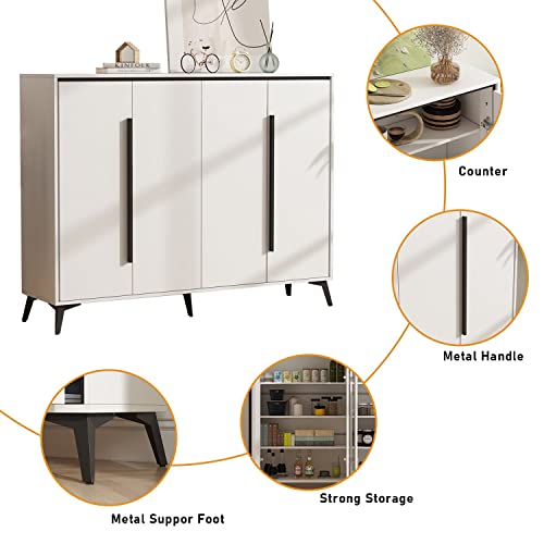 Famapy White Buffet Cabinet With Storage, Credenza Sideboard Buffet With Adjustable Shelves And Doors, Metal Legs, For Kitchen Hallway Entrance (55.1”W X 13.8”D X 43.3”H) #TOP5